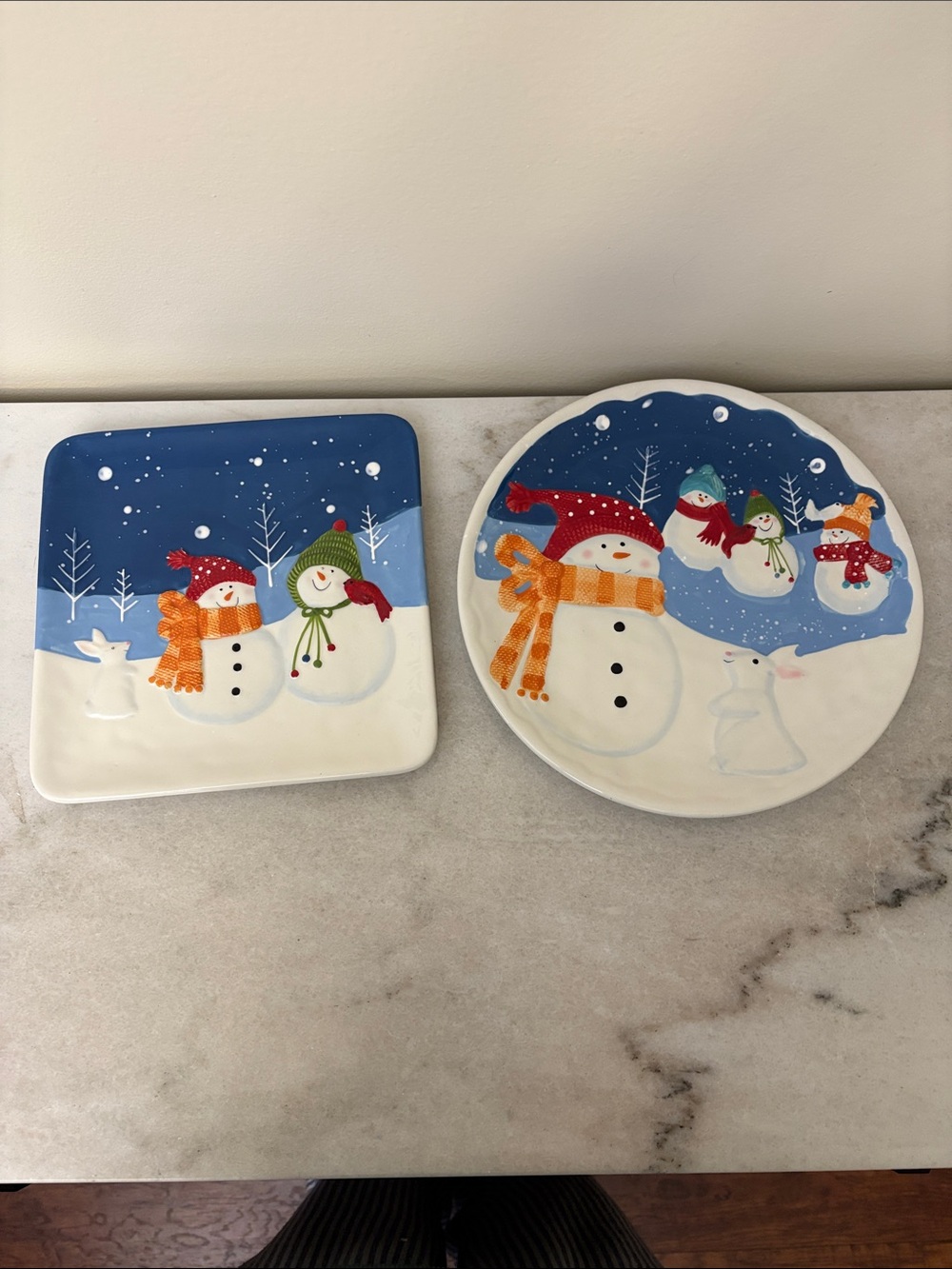 St. Nicholas Square Blue and White Snowman Holiday Plate Set